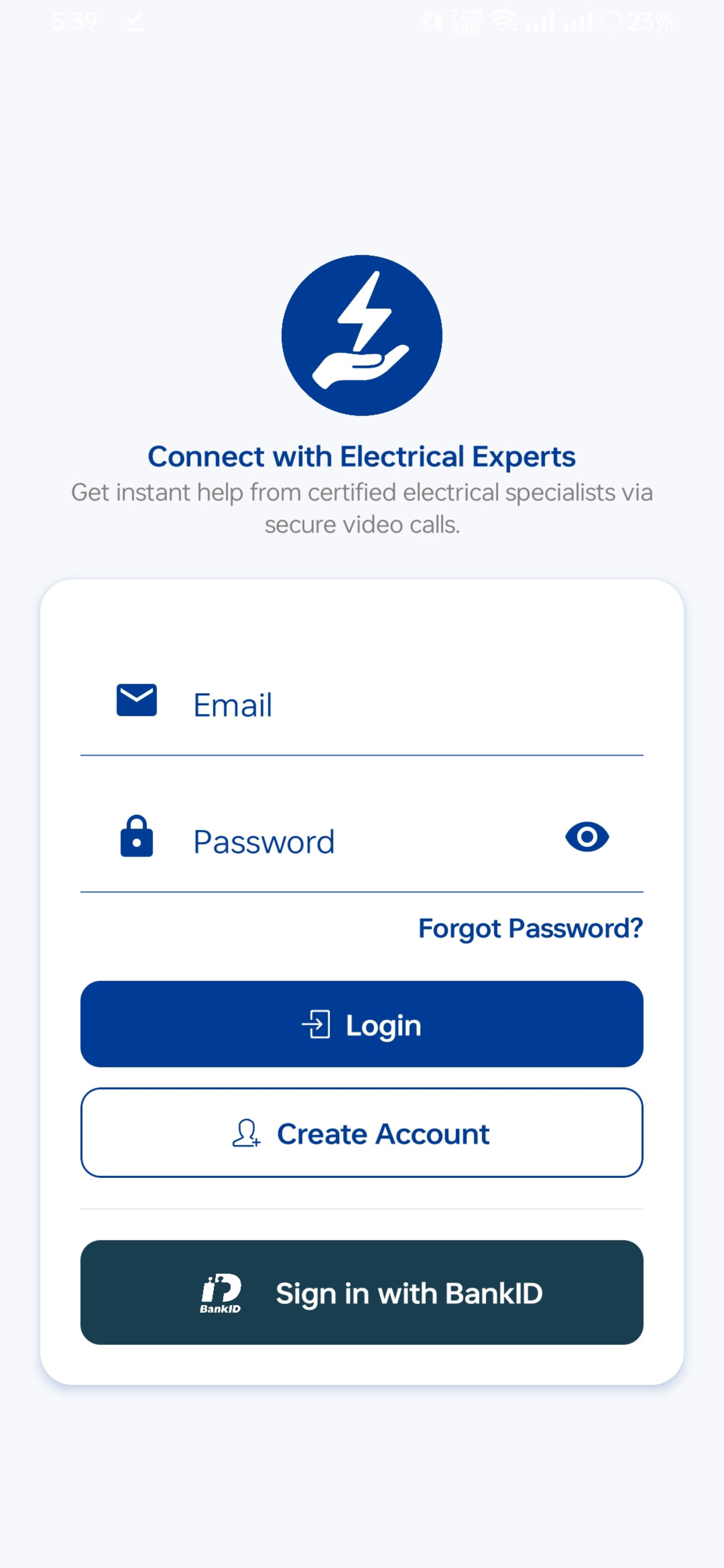 Elektriker Direkt app showing electrical problem categories
